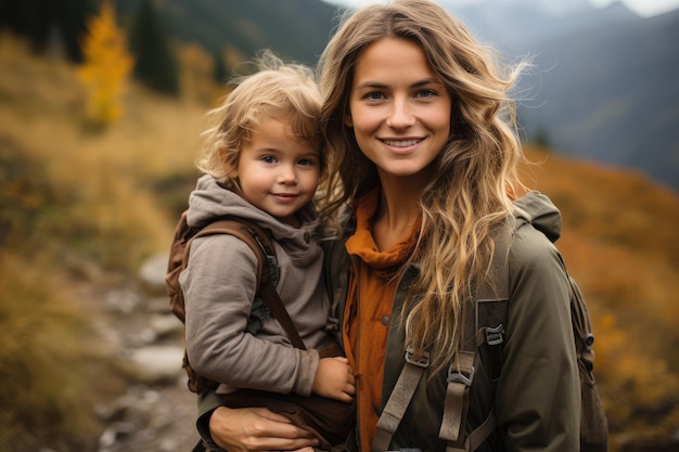 Uma mãe com um filho através das montanhas um estilo de vida ativo