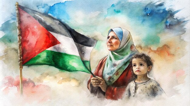 Foto uma mãe com um filho e a bandeira da palestina aquarela