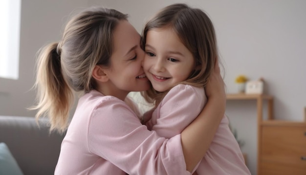 uma mãe e filha abraçam-se e sorriem para a câmara