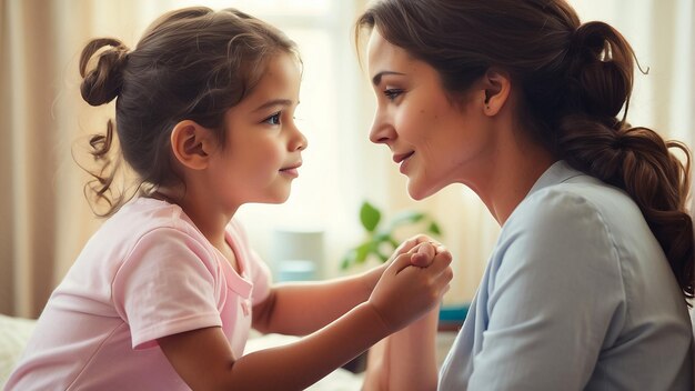 Foto uma mãe e filha de mãos dadas em frente a uma janela