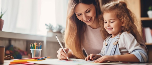 Foto uma mãe e filha desenhando com um mapa da palavra nele