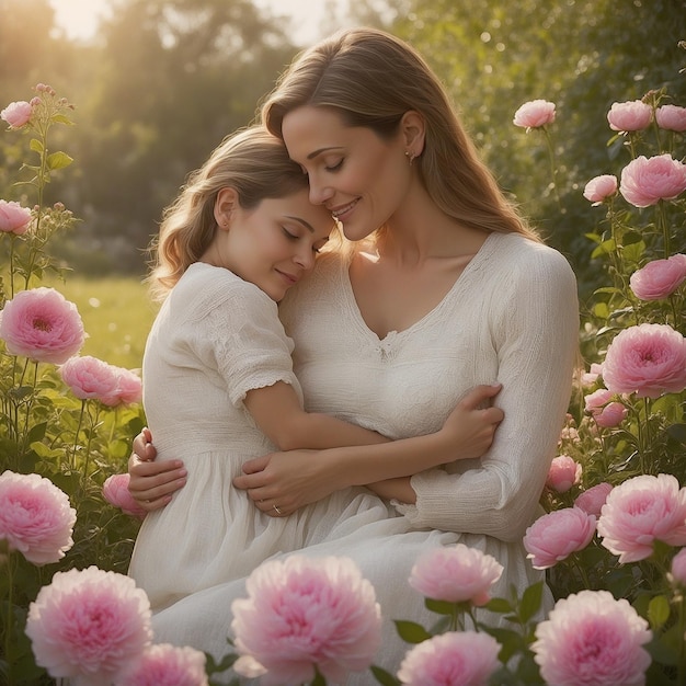 uma mãe e filha posam em um campo de flores feliz dia das mães