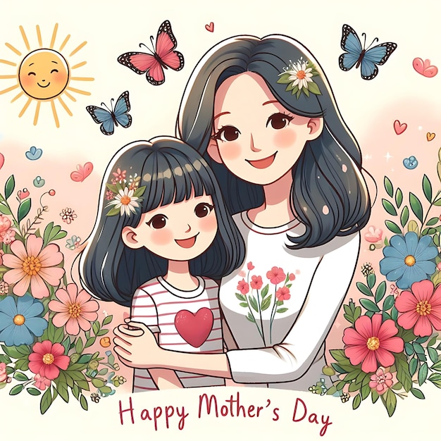 uma mãe e filha posam para uma foto com borboletas e flores