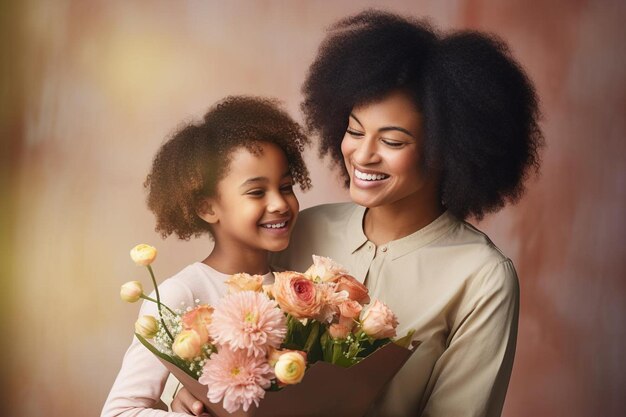 Foto uma mãe e filha segurando flores ambos sorrindo e segurando flores