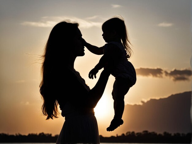 uma mãe e seu bebê estão brincando na água ao pôr do sol