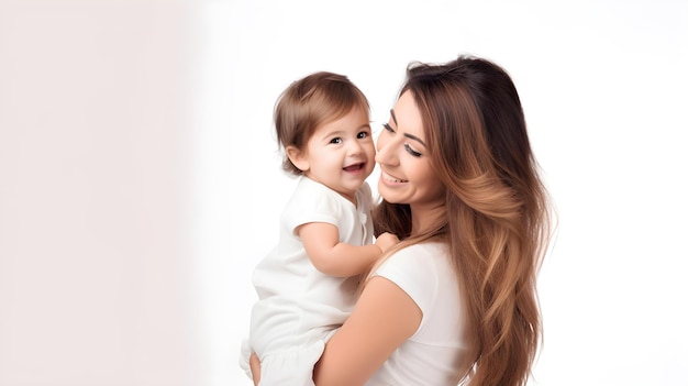 Uma mãe e seu bebê estão sorrindo e segurando um bebê.