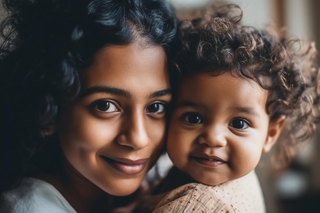 Uma mãe e seu bebê estão sorrindo para a câmera.