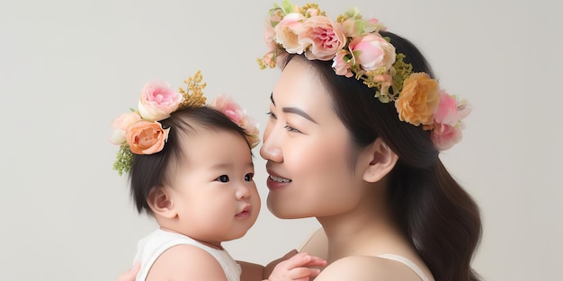 Uma mãe e seu bebê estão usando coroas de flores.