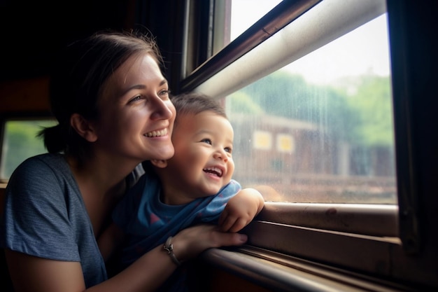 Uma mãe e seu bebê olham pela janela na estação de trem