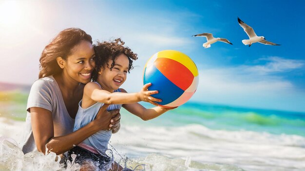 Foto uma mãe e seu filho brincando com uma bola de praia