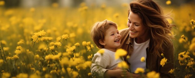 Uma mãe e seu filho em um campo de flores