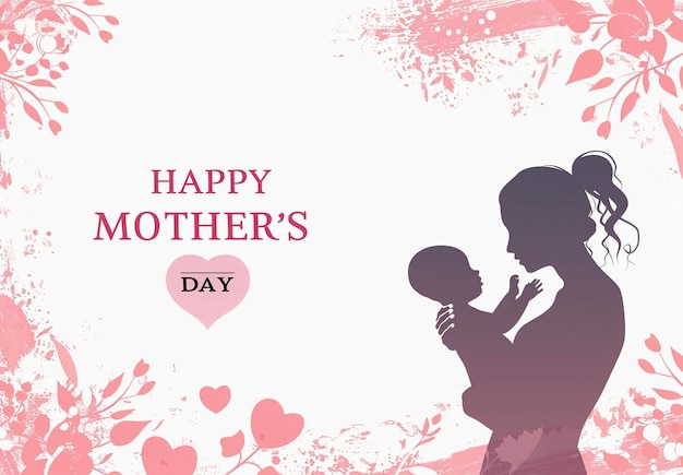 uma mãe e seu filho em um fundo rosa com corações e texto feliz dia das mães