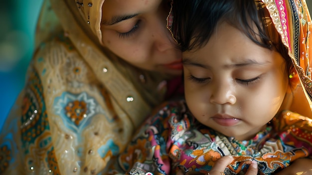 Foto uma mãe e seu filho estão dormindo a mãe está usando um lenço na cabeça e a criança está usando um vestido colorido eles estão ambos dormindo em paz