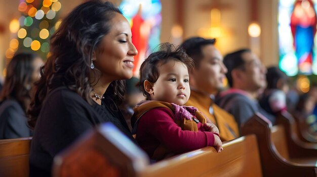 Foto uma mãe e seu filho estão sentados em uma igreja a mãe está sorrindo e a criança está olhando em volta ambos estão vestindo roupas casuais