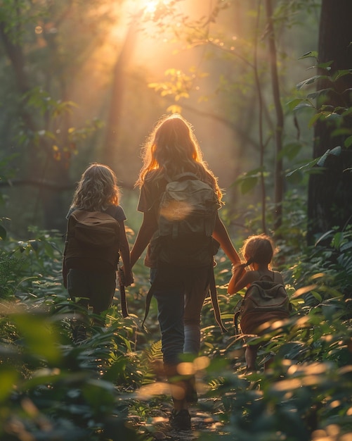 Foto uma mãe e seus filhos explorando a vida selvagem papel de parede