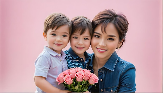 uma mãe e seus filhos posam com um buquê de flores