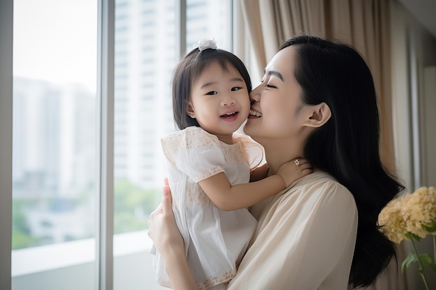 Uma mãe e sua filha estão se abraçando e sorrindo