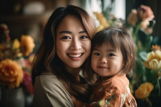 Uma mãe e sua filha estão sorrindo e segurando um arranjo de flores