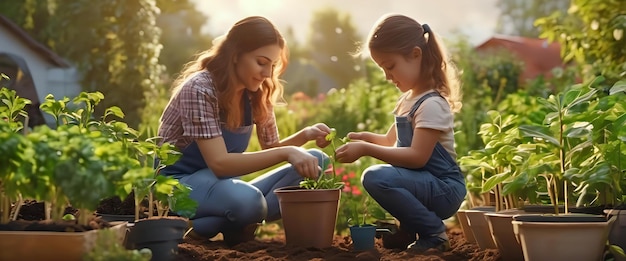 Uma mãe e sua filha plantando um jardim e cuidando dele juntos