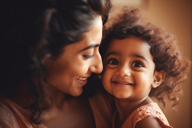 Uma mãe e sua filha sorrindo para a câmera