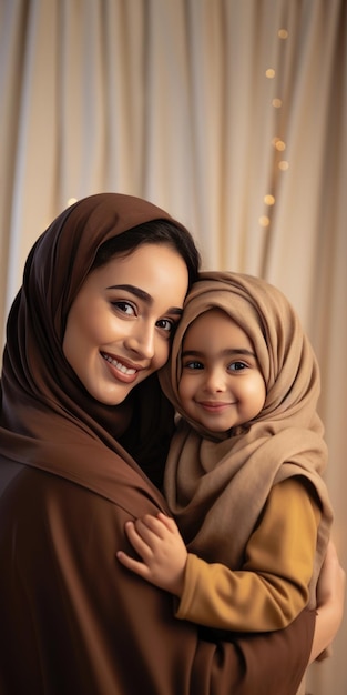 Uma mãe e sua filha usando lenços de cabeça