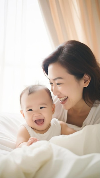 uma mãe e um bebê estão sorrindo e rindo na cama
