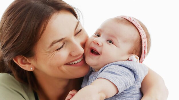 uma mãe e um bebê estão sorrindo e segurando suas cabeças juntas