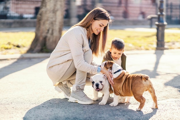 Uma mãe e um filho brincando com cachorros bulldog em um parque