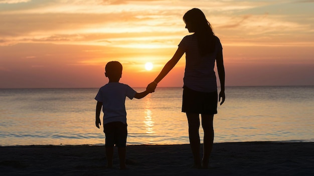 uma mãe e um filho de mãos dadas em uma praia ao pôr do sol