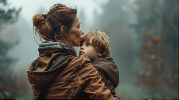 Uma mãe e um filho na floresta.
