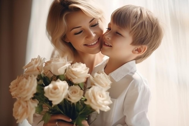 uma mãe e um filho segurando flores em suas mãos