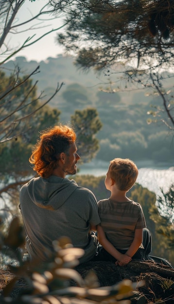 uma mãe e um filho sentados numa colina olhando para o oceano