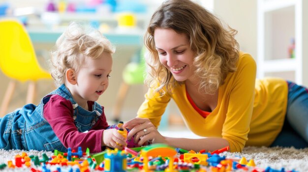 Uma mãe e uma criança brincando com um kit de encanadores de brinquedo