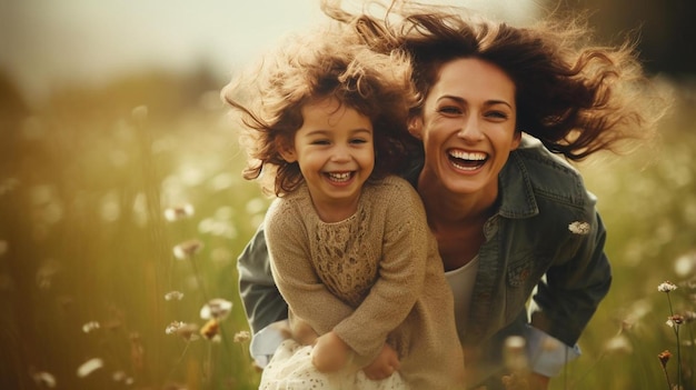 Uma mãe e uma filha a brincar num campo de flores.