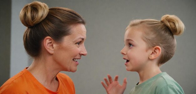 Foto uma mãe e uma filha a falarem umas com as outras.