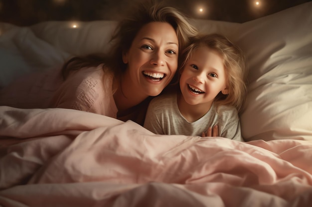 Uma mãe e uma filha estão deitadas na cama com uma lâmpada atrás dela.