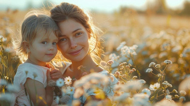 uma mãe e uma filha estão num campo de flores