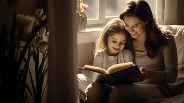 uma mãe e uma filha lendo um livro em uma sala de estar.