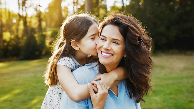 Foto uma mãe e uma filha no parque.