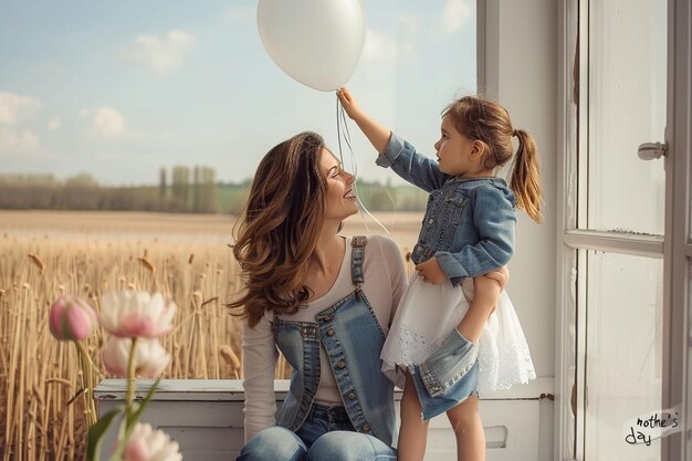 uma mãe e uma filha num comboio com balões no dia das mães