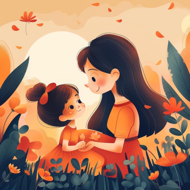 Uma mãe e uma filha que se unem em uma ilustração de um campo de flores ao pôr-do-sol
