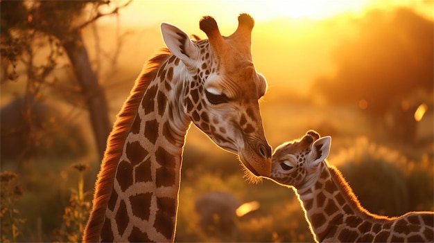 Uma mãe e uma girafa bebê estão na selva.