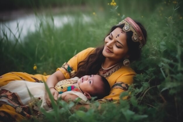 Foto uma mãe indiana e um bebê estão sentados na margem de um rio