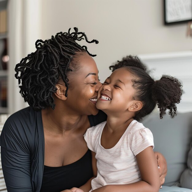 Foto uma mãe negra beija a filha na bochecha num momento de felicidade.