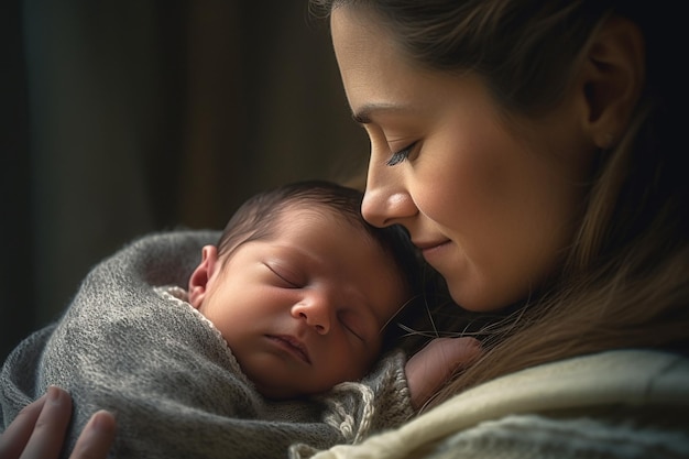 Uma mãe segura seu bebê recém-nascido em seus braços.