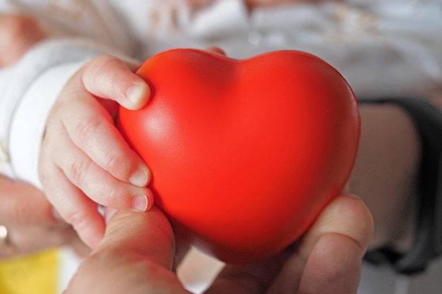 Uma mãe segura um coração vermelho com uma criança pequena nas mãos. Conceito de amor materno, saúde infantil