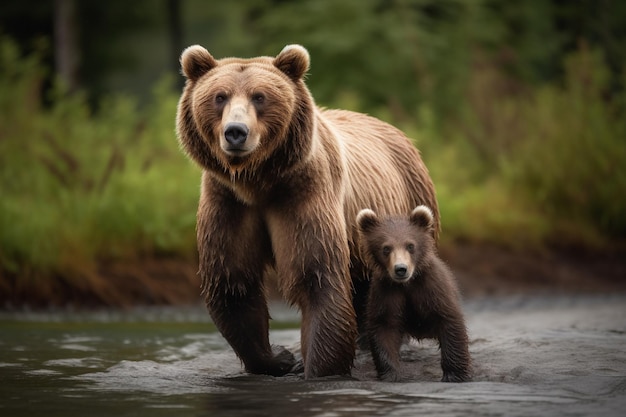 Uma mãe ursa e seu filhote nadam em um rio.
