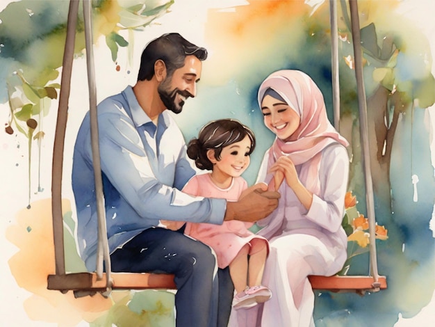 Uma mãe usando um hijab e seu filho desfrutando de um balanço juntos
