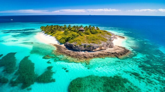 Uma magnífica imagem aérea de um resort de luxo situado entre praias de areia branca e águas azul-turquesa deslumbrantes