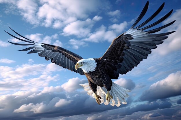 Foto uma majestosa águia careca voando entre o céu azul e nuvens brancas beleza estilo de tricô leve